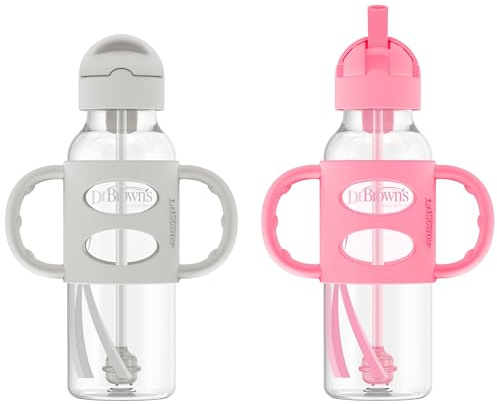 Dr. Brown's Schnabel-Trinkhalmflasche mit Silikongriffen, Grau und Rosa, 237 ml, 2 Stück | Lehren Sie Baby-Trinkfähigkeiten, beschwerter Strohhalm lässt sie in jede Richtung trinken, Griffe aus 100 % Silikon, 237 ml