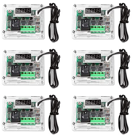 AITRIP 6 Stücke LED Digital Thermostat DC 12V - W1209 Heizen/Kühlen Temperierschalter Modul mit Wasserdicht 50~110°C Sensor Sonde + Transparent Acrylic Gehäuse