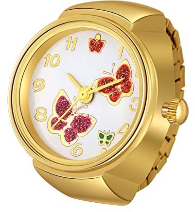 JewelryWe Men Women Finger Watches Gold Plated Elastic Watch Rings Smple Round Quartz Ring Watches,