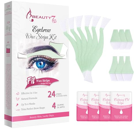 Beauty7 Wax Strips for Face, Eyebrow Shaper Pre-cut, 24pcs Waxing Strips with 4pcs Cleaner Oil Wipes, Cold Wax Strips Facial Hair Removal