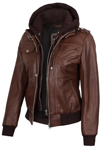 fjackets Chaqueta bomber de cuero para mujer, chaquetas de piel de cordero real para mujer con capucha extraíble, chaqueta con capucha para mujer, Cera marrón coñac, X-Large