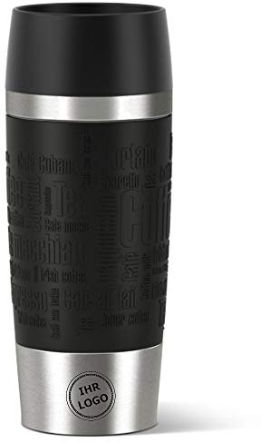 Emsa Isolierbecher mit Gravur - Firmen Logo/Wappen - TRAVEL Mug 360 ml schwarz, 100% dicht, auslaufsicher, Kaffee & Tee, Thermo-Becher heiße/kalte Getränke