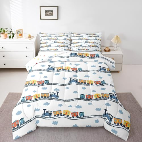 Erosebridal Kids Train Comforter Set Twin for Boys Girls Cartoon Car Bedding Set Steam Engine Bedding Comforter Sets Railway Vehicles Duvet Transportation Truck Quilt Comforter with 1 Pillow Sham