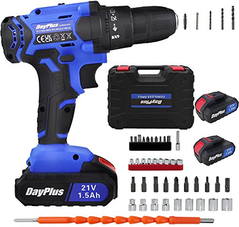 Trapano avvitatore a batteria da 21 V con coppia 25 + 1, 45 Nm Max, trapano a batteria con caricatore rapido e 2 batterie al litio da 1,5 Ah, mandrino a sgancio rapido da 3/8 pollici, luce LED, 26