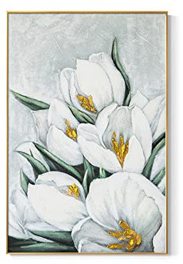 Acrylbilder Auf Leinwand Handgemalt, Weiße Textur Tulpe Blume Goldfolie Staubblatt Modernes Abstraktes Kunstwerk Rahmenlose Original Handgemalte Ölgemälde Auf Leinwand Wandkunst Für Wohnzimmer
