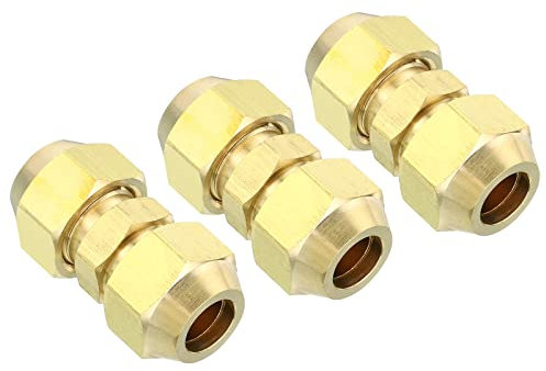 PATIKIL 3/8 OD Brass Flare Union Connector, 3 Set Air Conditioning Copper Double Pipe Extension Joint Connectors Pipe Hose Fitting with Nut, 1.37 x 0.63inch