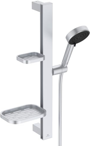 Ideal Standard Idealrain Alu+ Brausekombination, Wassersparender Duschkopf mit zwei Strahlarten (SilkRain und Rain) und verstellbaren Ablagen – Silber (349x157x600 mm)