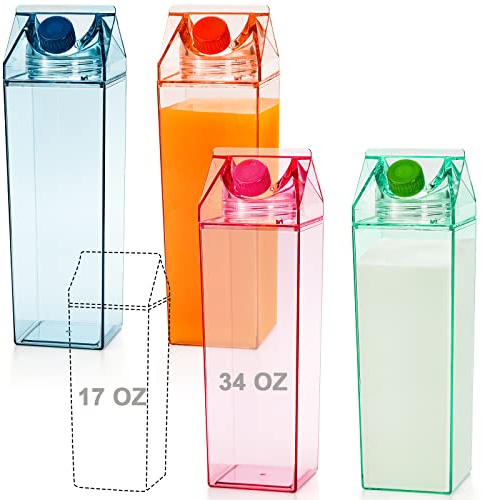 yarlung Set of 4 Milk Carton Water Bottle, 34 Oz/1000ml Colorful Clear Plastic Milk Bottles Leakproof Square Milk Box Portable for Outdoor Sports Travel Camping, 4 Colors