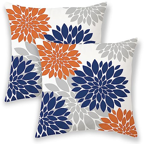 Navy Blue Burnt Orange Pillow Covers 16x16 Inch 2 Pcs, Fall Colored Geometric Dahlia Decorative Throw Pillows,Rust Flower Outdoor Decor Pillowcase Linen Square Cushion Cover Gift for Couch Car