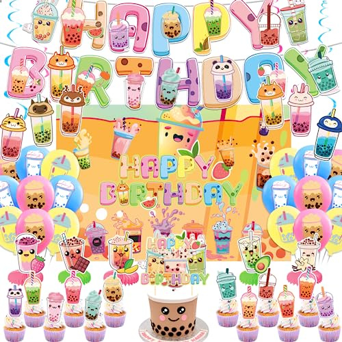 Boba Tee Party Dekorationen - Geburtstag Dekorationen mit Boba Tee Banner, Hintergrund, Spiralen, Waben Mittelstücke, Kuchen Cupcake Toppers, Ballons