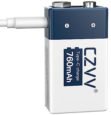 czvv Batteria 9V Ricaricabile Litio - Alta Capacità 760mAh - Pile Ricaricabili Li-ion 7,6V con Cavo Micro USB Type-C - Durata Ultra Lunga 10 Anni, 1300 Cicli, per Microfono, Allarme Antifumo (1Pezzi)