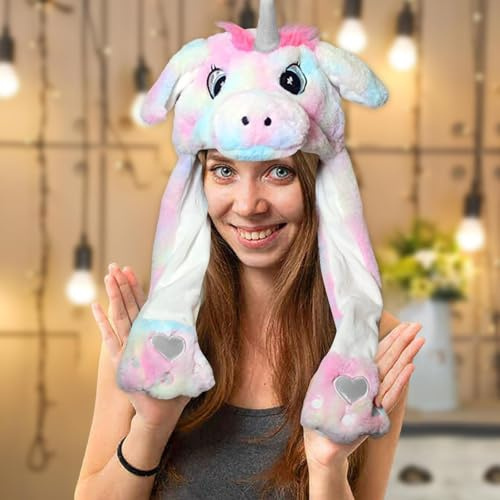 Wackelohr Mütze Mit LED, Einhorn Horn Mütze Mit Licht Und Beweglichen Ohren, Plüsch Tiermütze Zum Drücken, Lustiger Hut Für Winter Fasching Cosplay