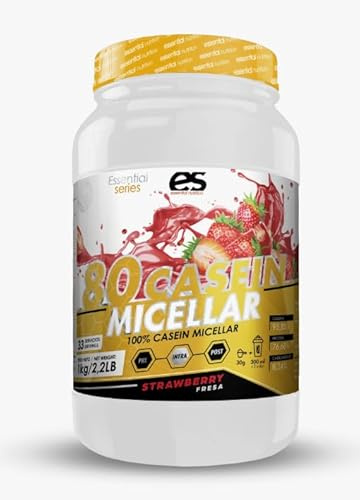 Caseína Micelar de Essential nutrition | Sabores: Fresa y Chocolate 910 g = 30 Tomas por Envase | No-GMO, Vegetariano, Sin Gluten (Fresa)