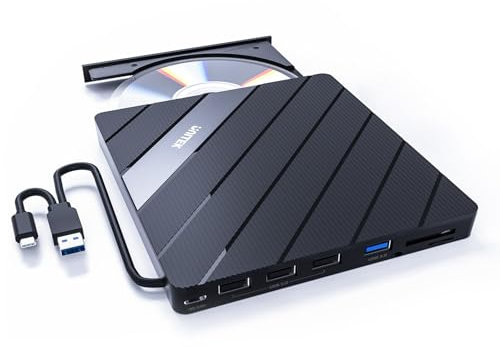 Unitek External DVD/CD Drive with SD Card Reader, USB 3.0 Hub, USB-C Power Port, CD/DVD +/-RW Burner for Laptop/Desktop/PC, Windows/Linux/Mac