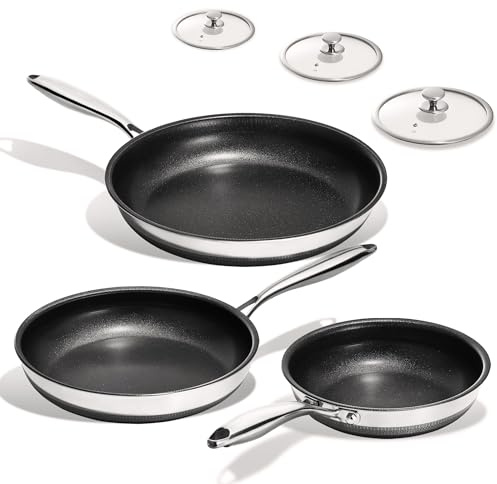 KITEXPERT Non Stick Frying Pans Set, Titanium Ceramic Pan with Lids, Nonstick Skillet Stainless Steel, PFAS PFOA & PTFE Free, Dishwasher & Oven Safe, All Cooktops Compatible, 3 Piece (8, 10, 12)