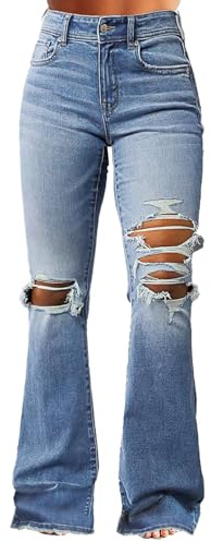 Flamingals Women's Bell Bottom Jeans Flared Ripped Stretchy Mid Rise Cut Out Distressed Denim Bootcut Jeans Mid Blue XL