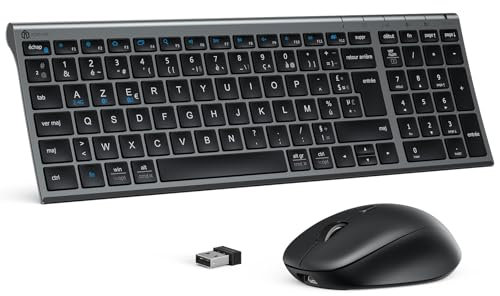 iClever Bluetooth Ensembles Clavier et Souris, Clavier et Souris sans Fil Combo Rechargeable, 2,4 GHz/Bluetooth, Silencieux, Ultra-Fin, Disposition AZERTY Français