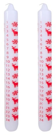 Adventskalenderkerze 2 Stück weiß mit rotem Druck Schneeflocke & Elch rot Ø 22 x H 250 ' 24 Tage Kerze' Weihnachtskerze Adventskalender