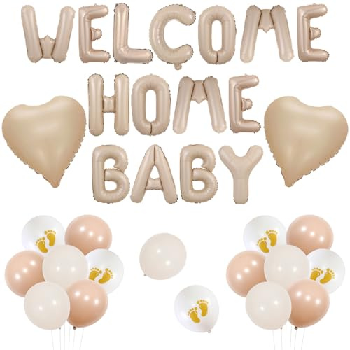 Jollyboom Welcome Home Baby Dekorationen, Neutral Beige Welcome Home Baby Ballon Banner Creme Weiß Luftballons Herz Folienballons für Jungen Mädchen Neugeborene Geburtstag Party Babyparty