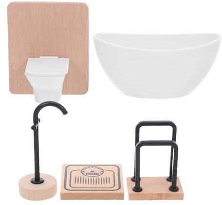 1/12 Puppenhaus Holz Badezimmer Möbel:5-Teilig Miniatur Dollhouse Waschbecken Badewanne Toilette Modell Ornament DIY Badezimmer Niedliche Bathroom Set