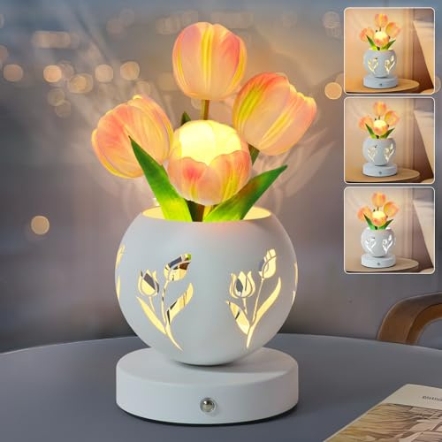 Strackvial Lampada da tavolo Tulipano, 3 colori touch dimmerabile, luce notturna a fiori artificiali, ricaricabile, senza fili, con lampada a vaso, lampada da tavolo in metallo, centrotavola per la
