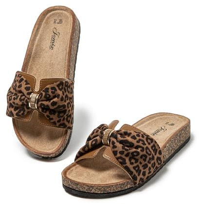 JOMIX Mules Femme avec Nœud Claquettes Femmes Imprimé Fleurs Sandales Plat été pour la Piscine Plage (Léopard,38)
