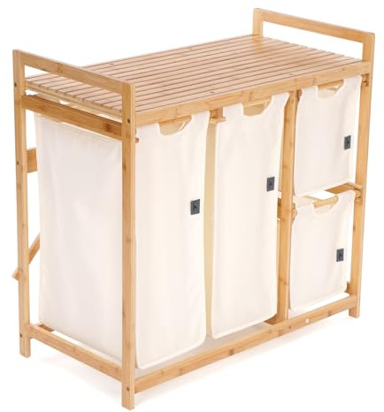Wäschekorb aus Bambus Beige – Wäschesammler & Wäschekörbe mit 4 Fächern – 150L Wäschebox für Bad, Schlafzimmer, Waschküche oder Flur – Laundry Baskets 87x46x15 cm