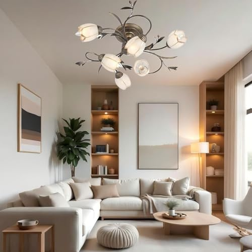 RuiRfh Retro Deckenleuchte antike Deckenlampe aus Eisen für das Wohnzimmer blumenförmiger Lampenschirm aus Milchglas Deckenbeleuchtung im Landhausstil geeignet für Küche Schlafzimmer Badezimmer Eingan