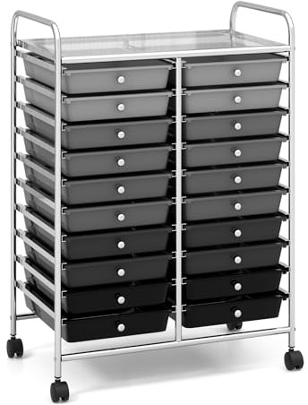 COSTWAY Rollwagen mit 20 stapelbaren Schubladen, Schubladenwagen, Rollcontainer mit Metallgestell und Ablagefläche, Badrollwagen Beistellwagen für Büro, Wohnzimmer (Gemischt Schwarz)