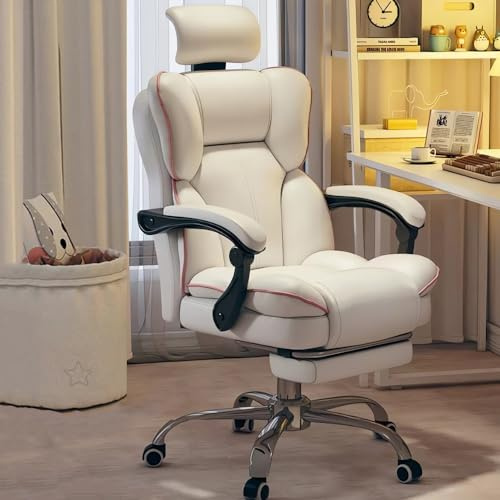 XUEGW Exekutiv-Bürostuhl – Hochlehnen-Schreibtischstuhl mit Verstellbarer Rückenstütze – Großer & robuster Drehstuhl fürs Home-Office – Ergonomischer Computerstuhl mit Lendenunterstützung (Weiß)