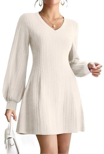 Zeagoo Women Dresses V Neck Long Sleeve Mini Dress Elegant Cable Lantern Sleeves Jumper Dresses Autumn Beige M