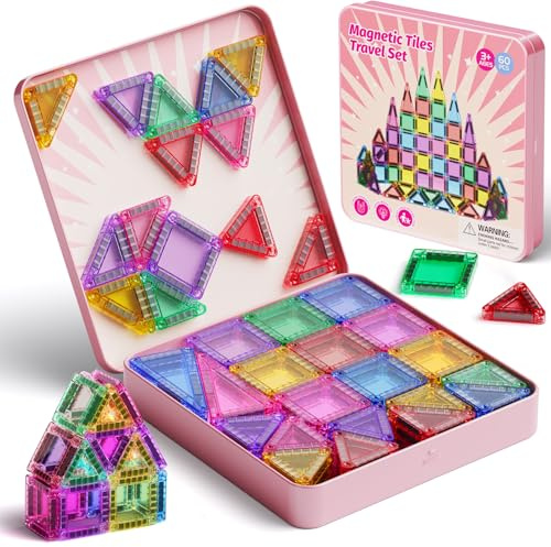 iburge Magnetische Bausteine Reisespielzeug, 60-teiliges Mini Magnetbausteine Reiseset mit Metallbox für Kinder Autofahrten Flugzeuge Reisen, Geschenk Jungen und Mädchen ab 3 Jahren