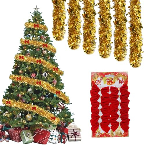 Lametta Girlande Weihnachtsgirlande, 6 Stück x 2M Lametta Weihnachtsbaum und 12 Schleifen, Metallic Garland Glitzernde Tannengirlande Dekoration Für Weihnachten, Hochzeiten, Urlaubsfeiern Dekoration