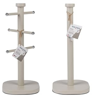 Salter Pebble Kitchen Roll Holder & Mug Tree Set – Freestanding 15 x 34 cm Paper Towel Holder for Countertops, Sturdy Carbon Steel Mug Stand with 6 Branch Display, Worktop Storage Racks, Stone