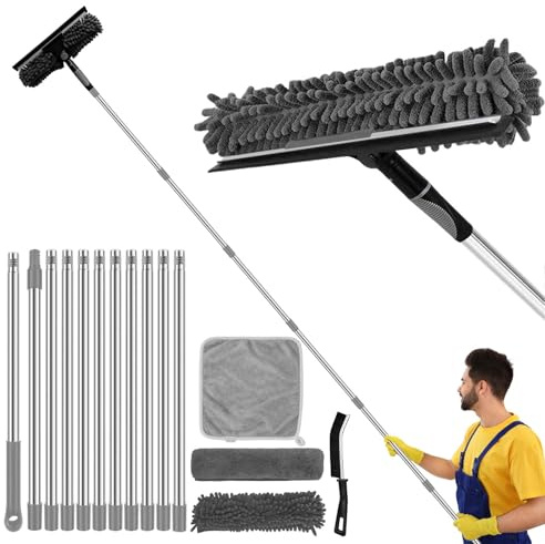 4.5M Window Squeegee Cleaning Equipment Kit with Long Pole, 2 in 1 Extendable Window Cleaner 180° Rotatable Telescopic Window Cleaner with Squeegee and Microfiber Cloth for Indoor/Outdoor