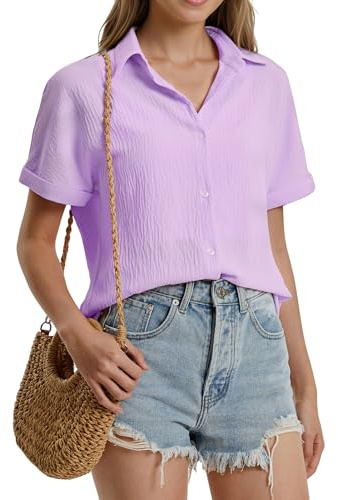 Stamain Bluse Damen Kurzarm Musselin Hemdbluse Damen Sommer Lässig Bluse Hemd Einfarbig Elegante V-Ausschnitt Kurzarmbluse