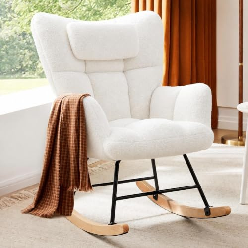 RBFGYIOP Rocking Chair, High Backrest Ergonomic Rocking Chair with Premium Teddy Fabric, Sturdy Metal Legs & Wood Base - Comfortable Nursery Glider, Supports Up to 250LBS, White