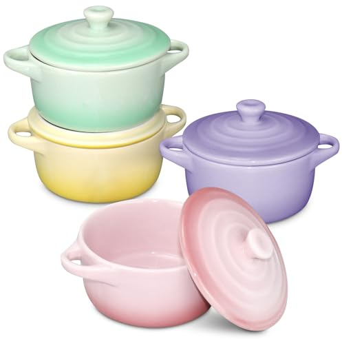 Set of 4 Mini Casserole Dishes with Lids, 220ml Small Ceramic Casserole Pots for Oven, Round Porcelain Ramekins & Cocotte Set for Soufflé, Tapas & Individual Starters (4 Colours)