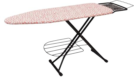 Relaxdays Strykbräda för ångstrykjärn, 110 x 33 cm, höjdjusterbar, vikbar, hylla, strykbord blommor, vitrosa