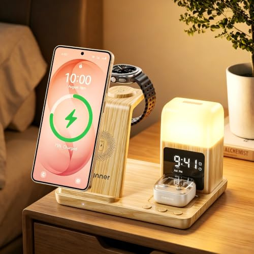 3 in 1 Upgraded Wireless Charging Station for Samsung with Alarm Clock & 3-Color Light | 15W Fast Charger for Galaxy S25 S24 Ultra Fold6/5 Galaxy Watch Ultra/6/5 Galaxy Buds (45W Adapter Included)