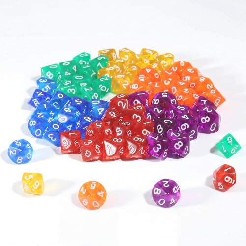 Set di 60 Dadi a 10 Facce in Acrilico Trasparente – 6 Colori (Rosso, Viola, Arancione, Verde, Giallo, Blu), Dadi Poliedrici da 22 mm per Giochi di Ruolo, Matematica e Attività Ludiche
