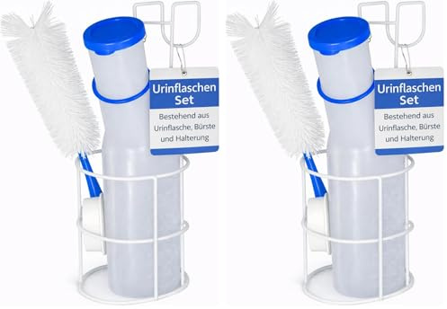 BUXMED Urinflaschen Set für Männer – Urinflasche, mit Halterung & Bürste, Pinkelflasche für Männer, für unterwegs, Inkontinenz Männer, Urinente (Urinflasche, Halterung und Bürste) (Packung mit 2)