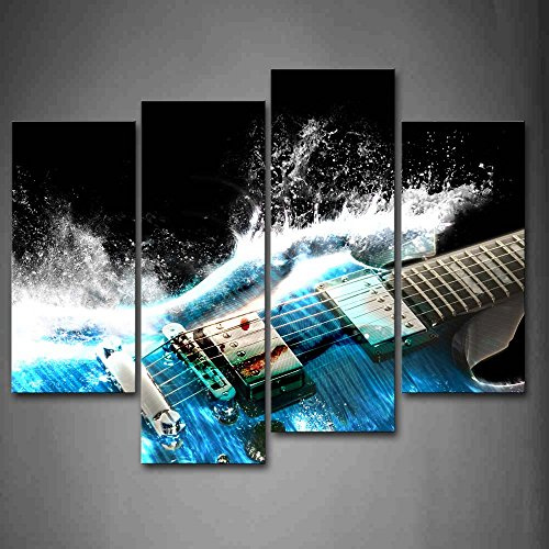 First Wall Art 4 Stück Gitarre Im Blau Und Wellen Sieht Schön Wandkunst Malerei Das Bild Druck Auf Leinwand Musik Kunstwerk Bilder Für Zuhause Büro Moderne Dekoration