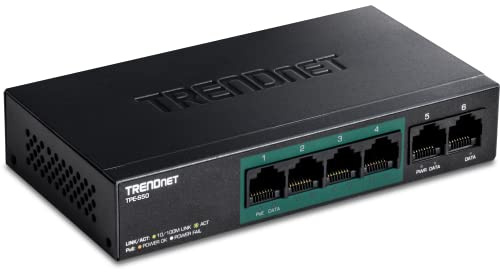 TRENDnet, TPE-S50, Switch Fast Ethernet PoE+ a 6 porte, budget PoE da 60 W, capacità di commutazione di 1,2 Gbps, metallo, nero