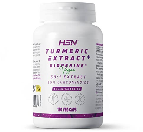 HSN Extracto de Cúrcuma (95% de Curcuminoides) | 120 Cápsulas Vegetales | Con BioPerine® | 50x Veces Más Concentrado (equivalencia 32g de Raíz Curcuma longa) | No-GMO, Vegano, Sin Gluten