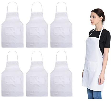 LOYHUANG Total 6PCS White Apron for Women Adult Unisex Plain Color Bib aprons with 2 Front Pockets Washable Chef Aprons for Cooking Baking Kitchen Restaurant Crafting