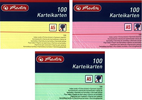 Herlitz Karteikarten A5, 170 g/m², holzfrei, 100er Packung, liniert (Gemischte Farben, 3 Packungen)