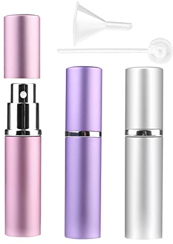 Zingso 3 Stück 6ml Parfümzerstäuber Nachfüllbar Flaschen Reise Mini Portable leere Sprühflasche mit Trichter und Pipette (Schwarz + Silber + Dunkelblau) (6ml(Pink + Silber + Lila))