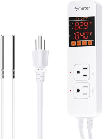 Pymeter Digital Temperature Controller Dual Probe Reptile Thermostat Controlled Outlet for Terrarium Heat Mat Heating Pad, Switch Cooling Fan Freezer Fridge ON & Off at Setpoints 10A 1200W