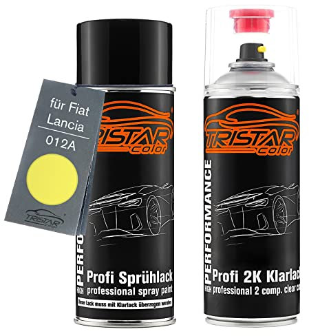 TRISTARcolor Vernice per auto Kit bombolette spray 2K per Fiat/Lancia 012A Giallo Fluo Bomboletta a spruzzo vernice di base 2 componenti vernice trasparente
